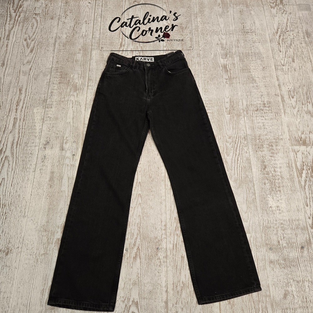 Karve Women Regular Straight Leg Jeans Faux Stone Wash Black Organic Cotton Sz S
